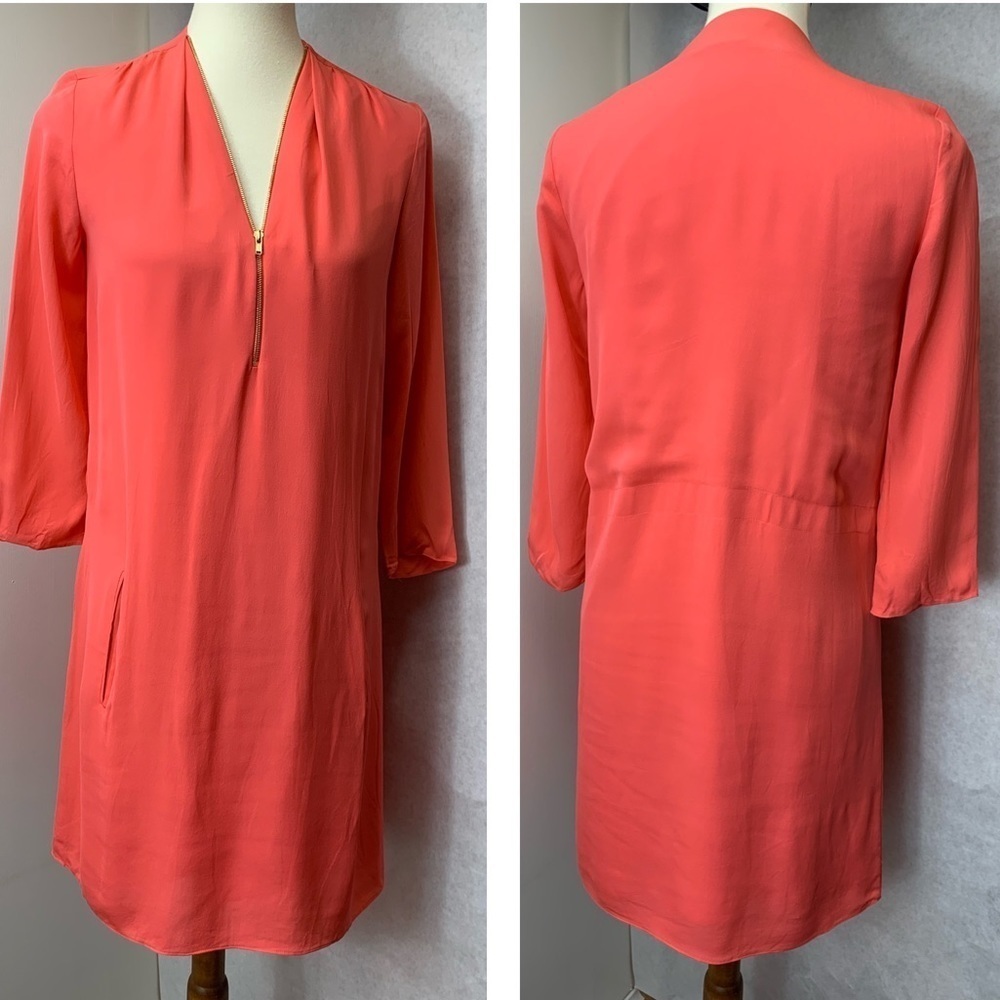 Theory coral silk dress with gold zipper neckline XS